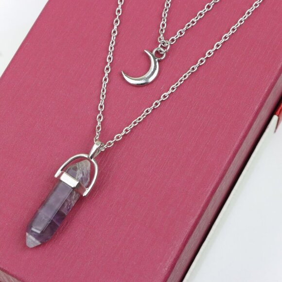 Layered Moon Healing Crystal Stone Pendant Necklace, BS41116 - Picture 1 of 12